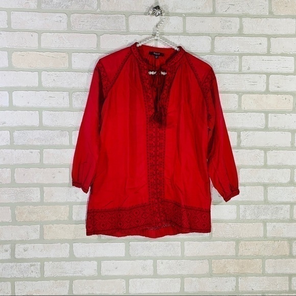Madewell Red Embroidered Camelia Tassel Top - Picture 3 of 9